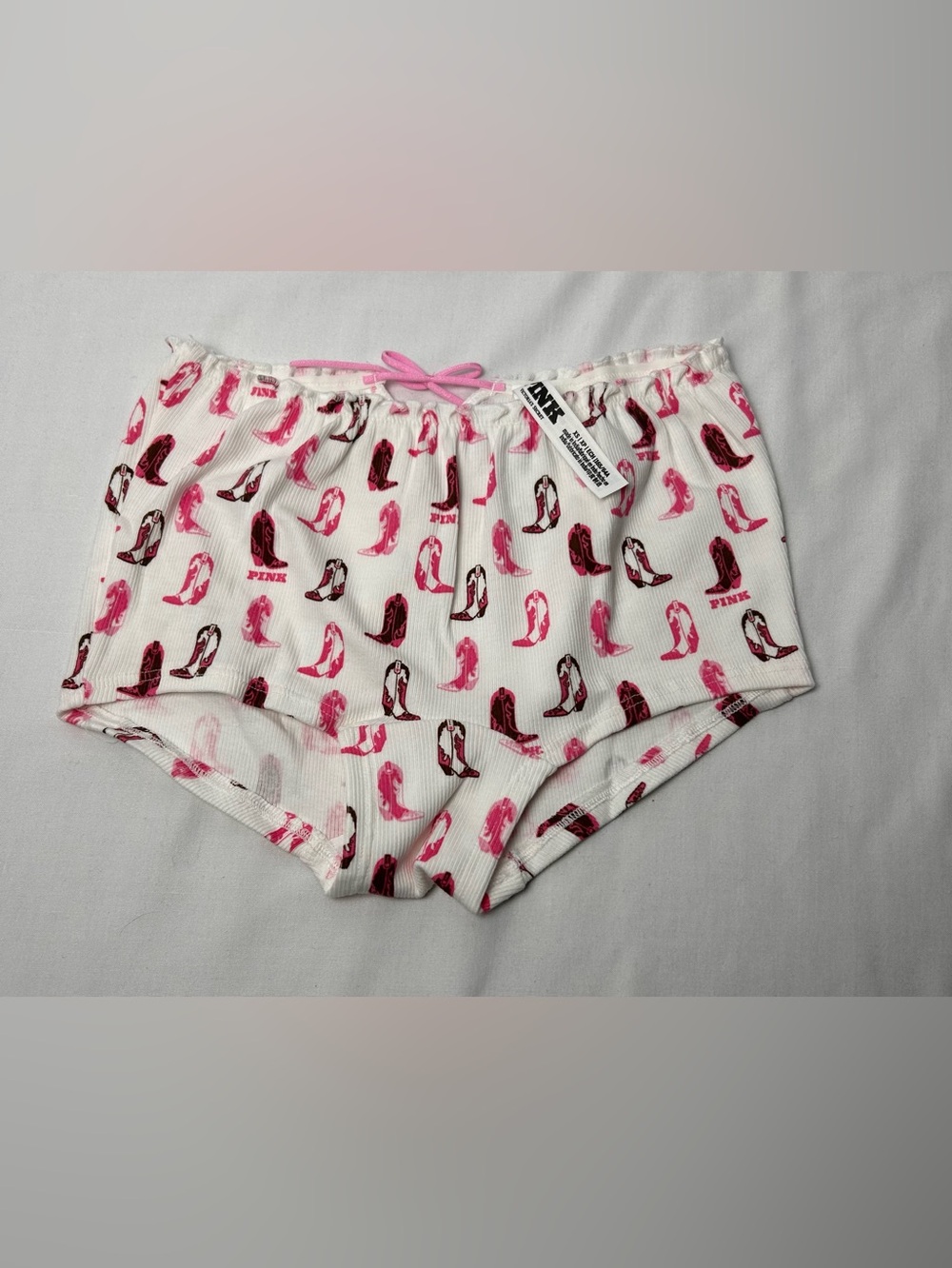 PINK Victoria's Secret White Shorts with Pink Cowgirl Boot Print